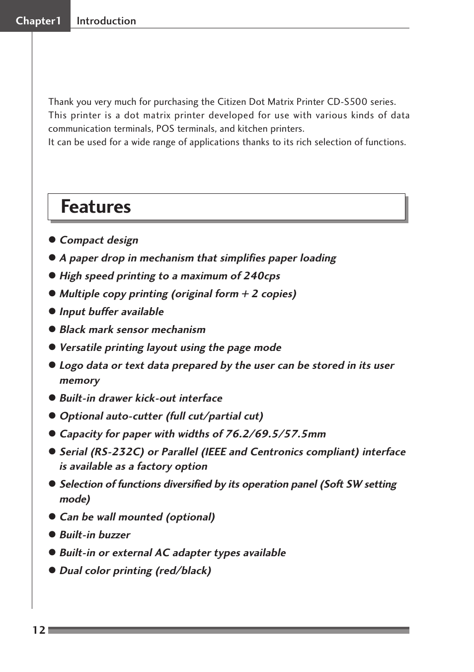 Chapter1 introduction, Features | Citizen Systems CD-S500A User Manual | Page 12 / 52