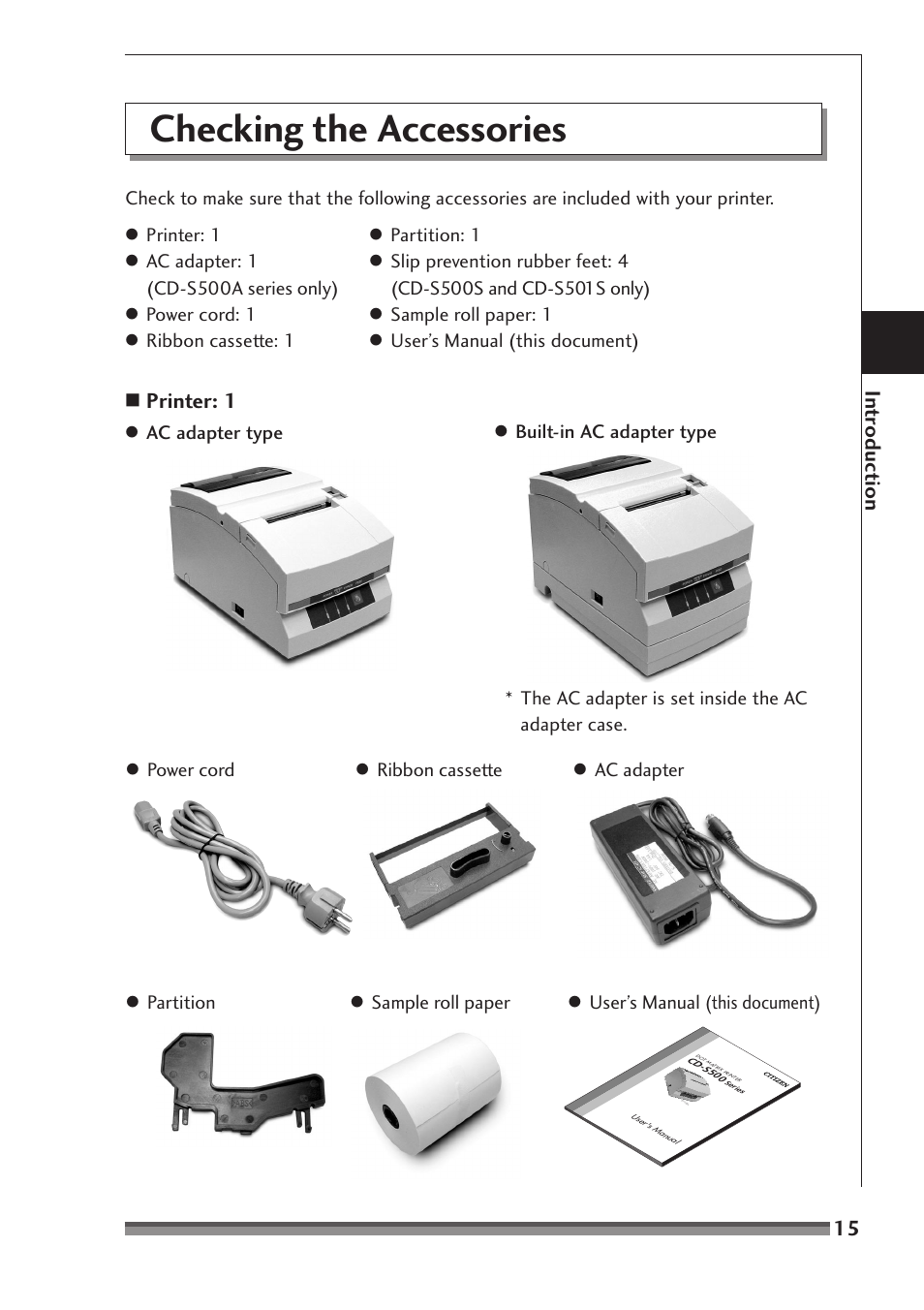 Checking the accessories, Printer: 1, Intr oduc tion | Citizen Systems CD-S500A User Manual | Page 15 / 52