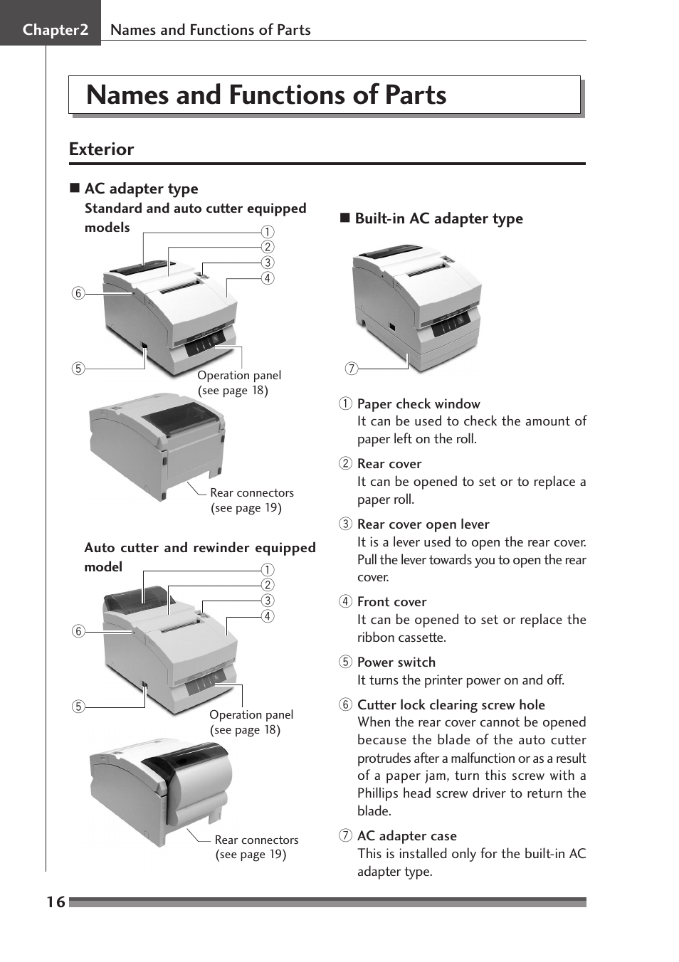 Chapter2 names and functions of parts, Exterior, Names and functions of parts | Citizen Systems CD-S500A User Manual | Page 16 / 52