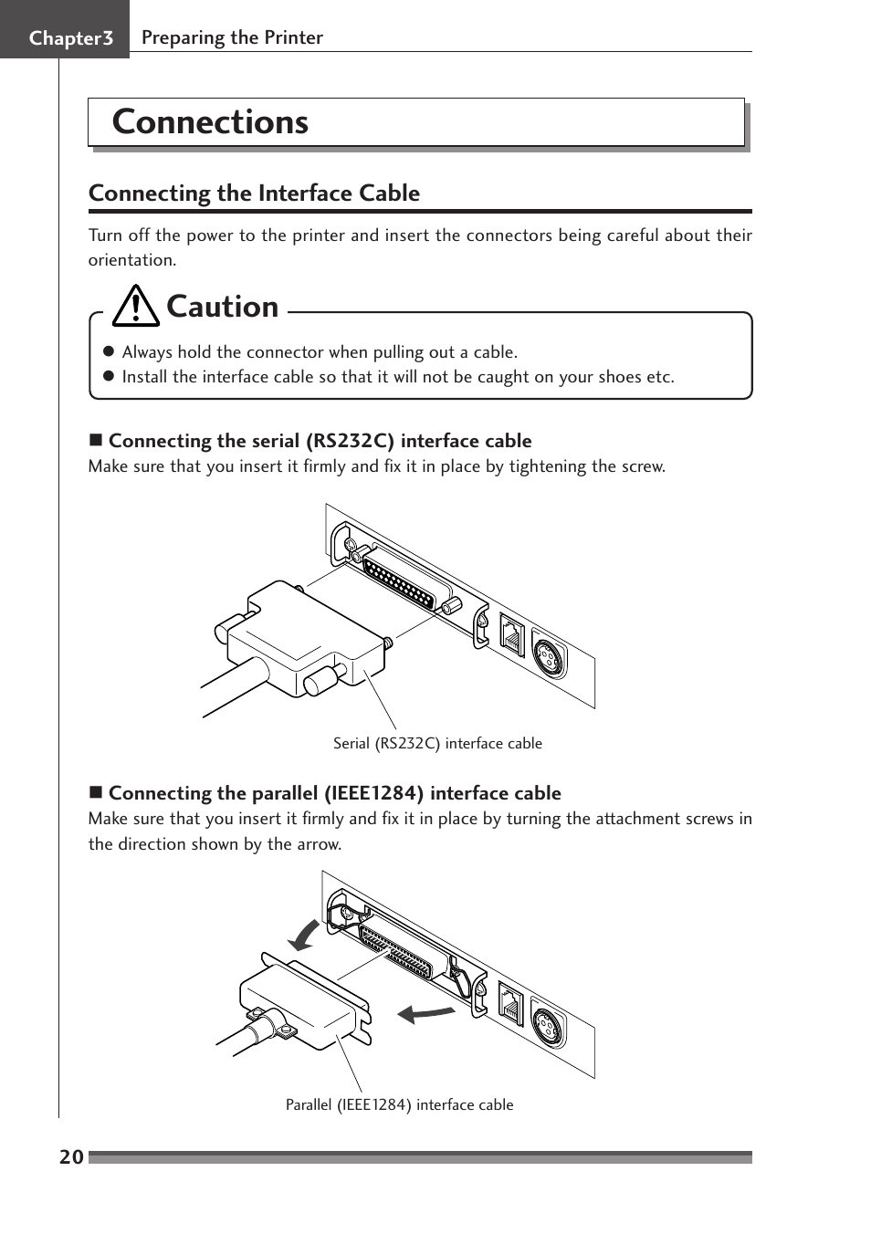 Chapter3 preparing the printer, Connections, Connecting the interface cable | Caution | Citizen Systems CD-S500A User Manual | Page 20 / 52