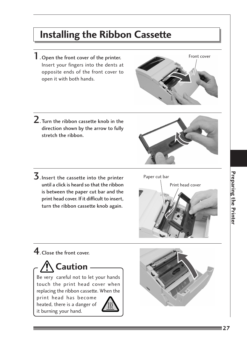 Installing the ribbon cassette, Installing the ribbon cassette 1, Caution | Citizen Systems CD-S500A User Manual | Page 27 / 52