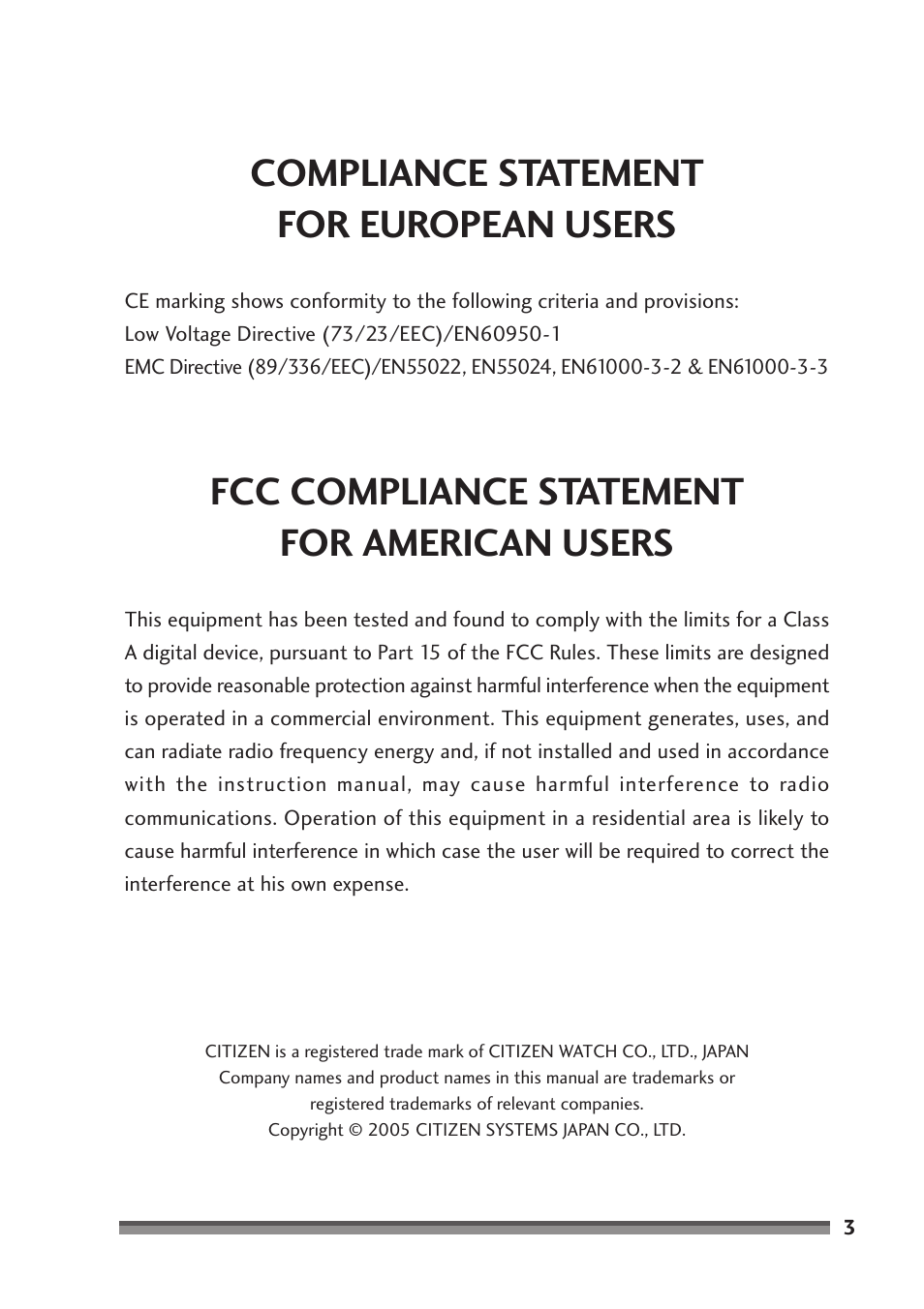 Compliance statement for european users, Fcc compliance statement for american users | Citizen Systems CD-S500A User Manual | Page 3 / 52