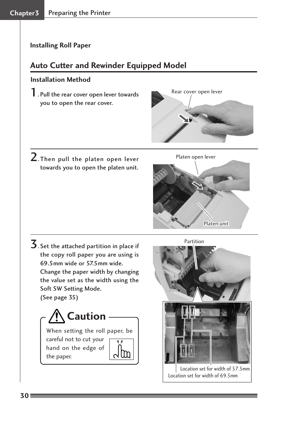 Auto cutter and rewinder equipped model, Caution | Citizen Systems CD-S500A User Manual | Page 30 / 52