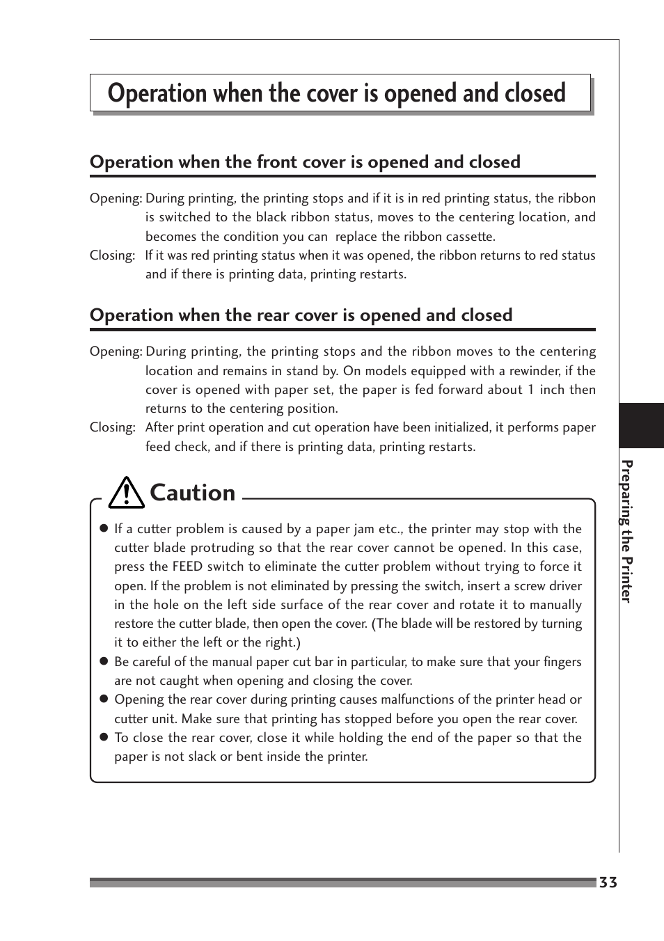 Operation when the cover is opened and closed, Caution, Operation when the rear cover is opened and closed | Citizen Systems CD-S500A User Manual | Page 33 / 52