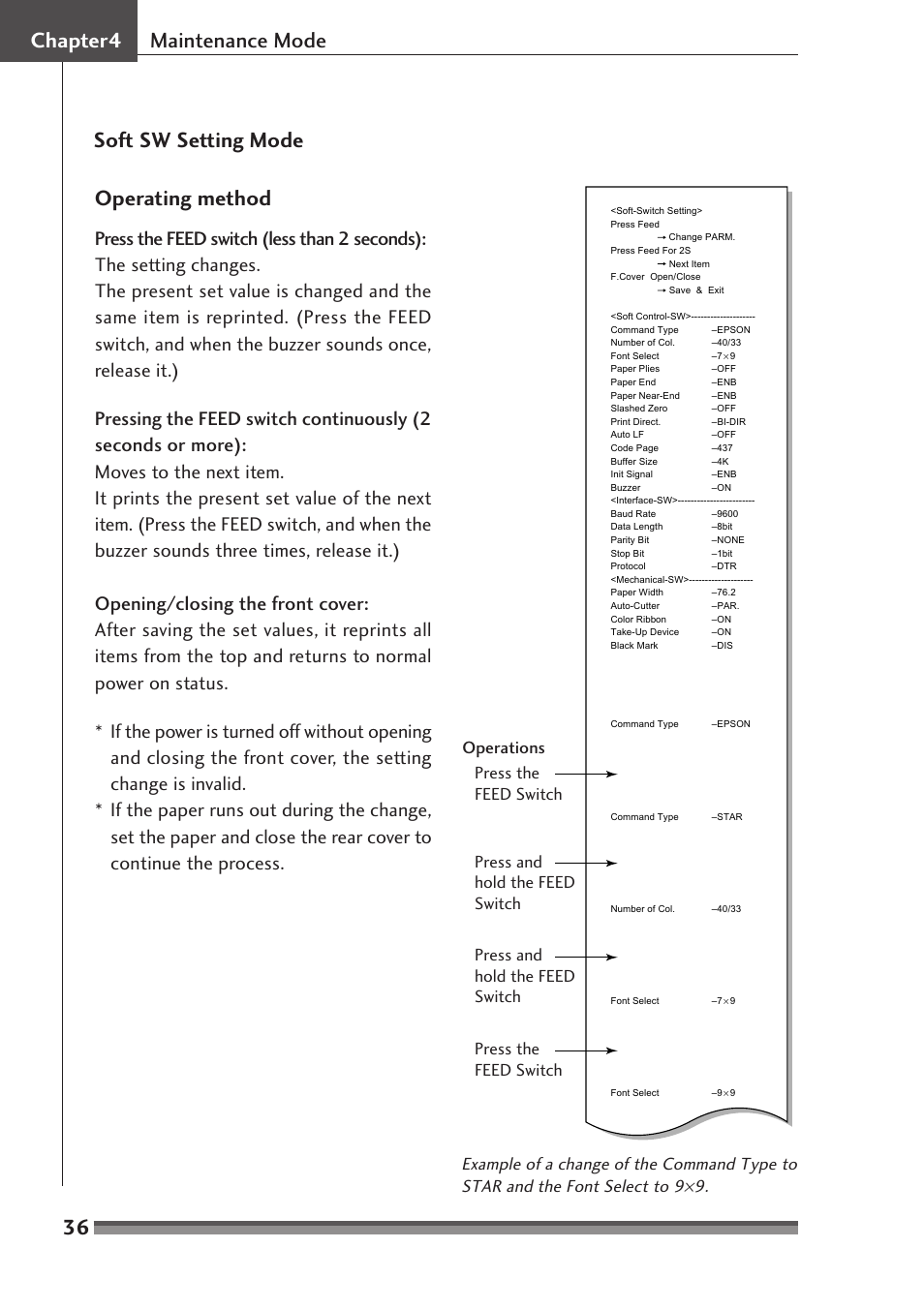 36 chapter4 maintenance mode, Soft sw setting mode operating method | Citizen Systems CD-S500A User Manual | Page 36 / 52