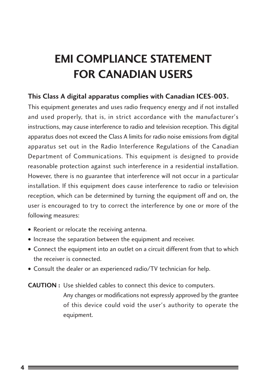 Emi compliance statement for canadian users | Citizen Systems CD-S500A User Manual | Page 4 / 52