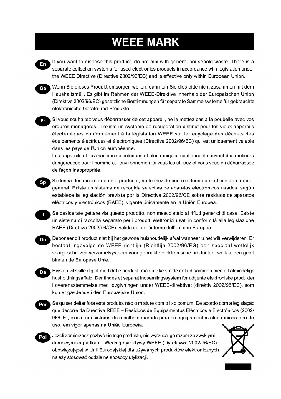 Weee mark | Citizen Systems CD-S500A User Manual | Page 51 / 52