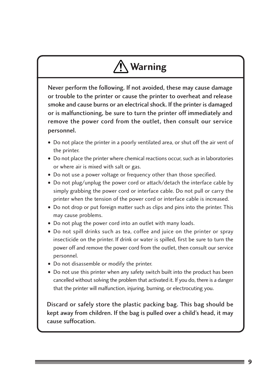 Warning | Citizen Systems CD-S500A User Manual | Page 9 / 52