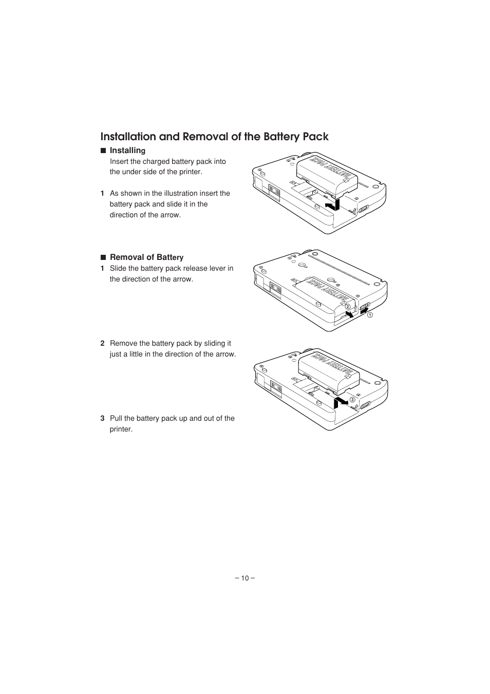 Installation and removal of the battery pack | Citizen Systems PD-04 User Manual | Page 14 / 42