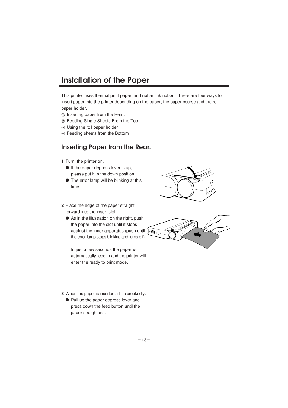 Installation of the paper, Inserting paper from the rear | Citizen Systems PD-04 User Manual | Page 17 / 42