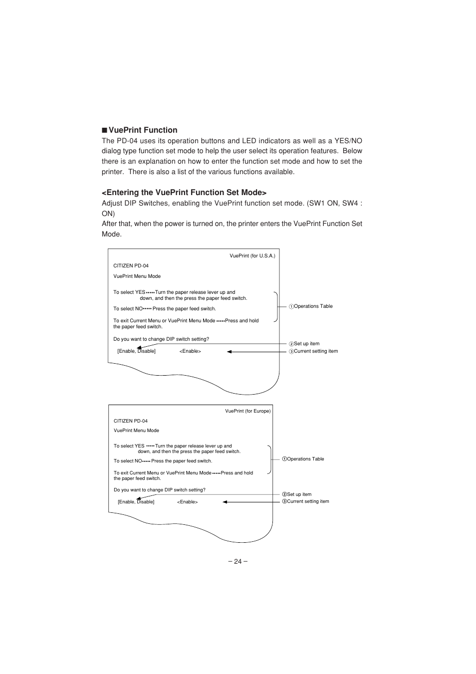 Vueprint function, Entering the vueprint function set mode | Citizen Systems PD-04 User Manual | Page 28 / 42