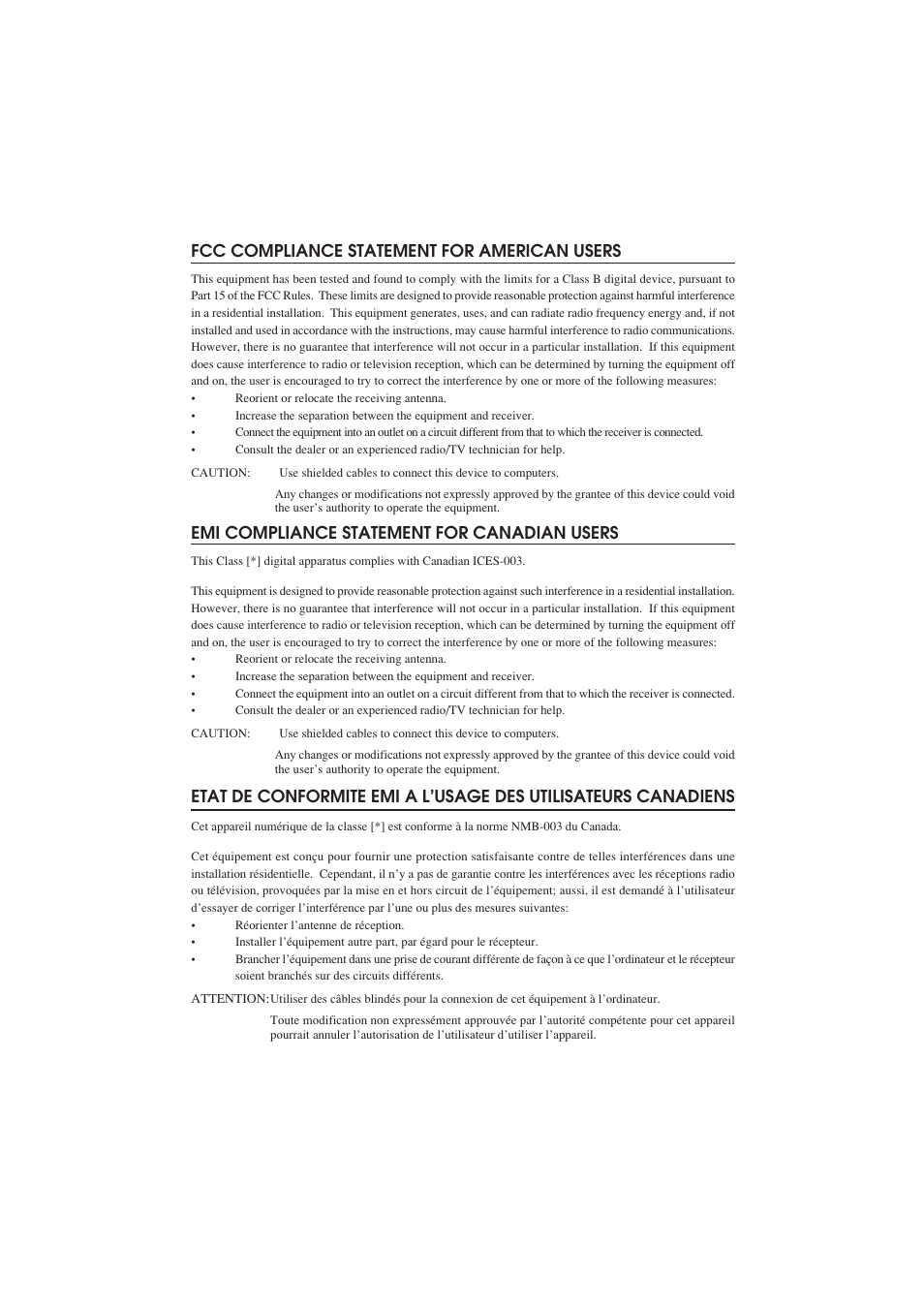 Fcc compliance statement for american users, Emi compliance statement for canadian users | Citizen Systems PD-04 User Manual | Page 3 / 42