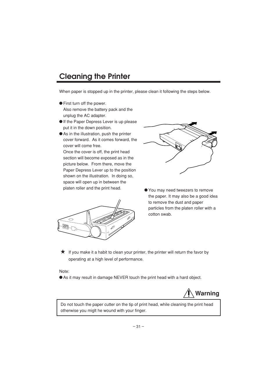 Cleaning the printer, Warning | Citizen Systems PD-04 User Manual | Page 35 / 42