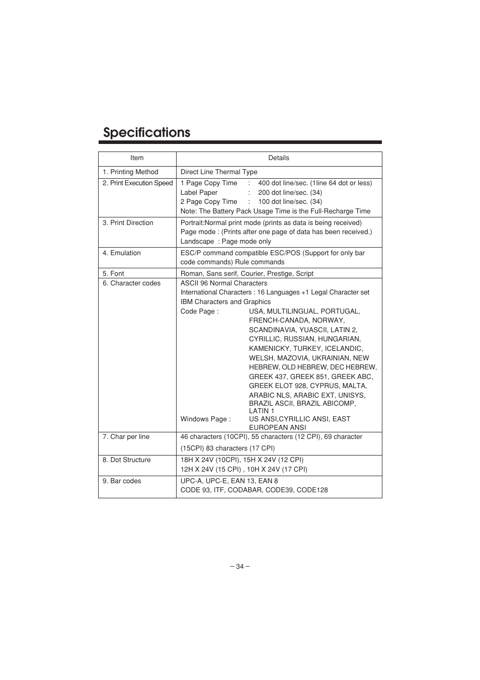 Specifications | Citizen Systems PD-04 User Manual | Page 38 / 42