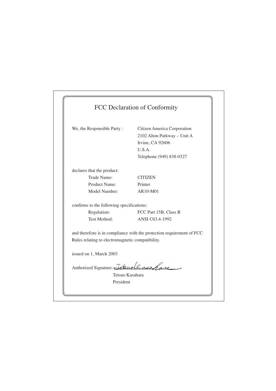 Fcc declaration of conformity | Citizen Systems PD-04 User Manual | Page 4 / 42