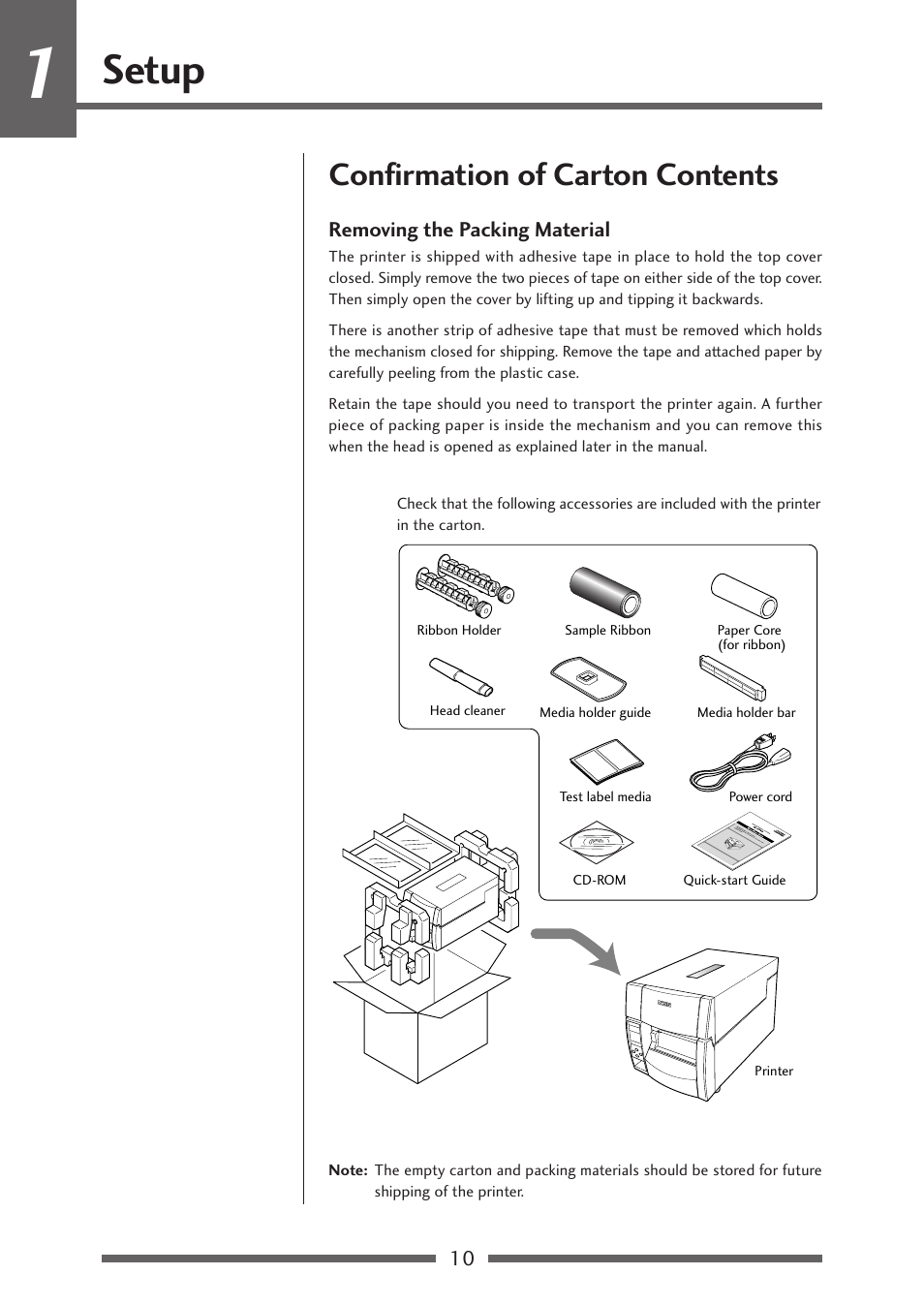 Setup, Confirmation of carton contents, Removing the packing material | Chapter 1 setup | Citizen Systems Citizen CL-S700 User Manual | Page 10 / 70