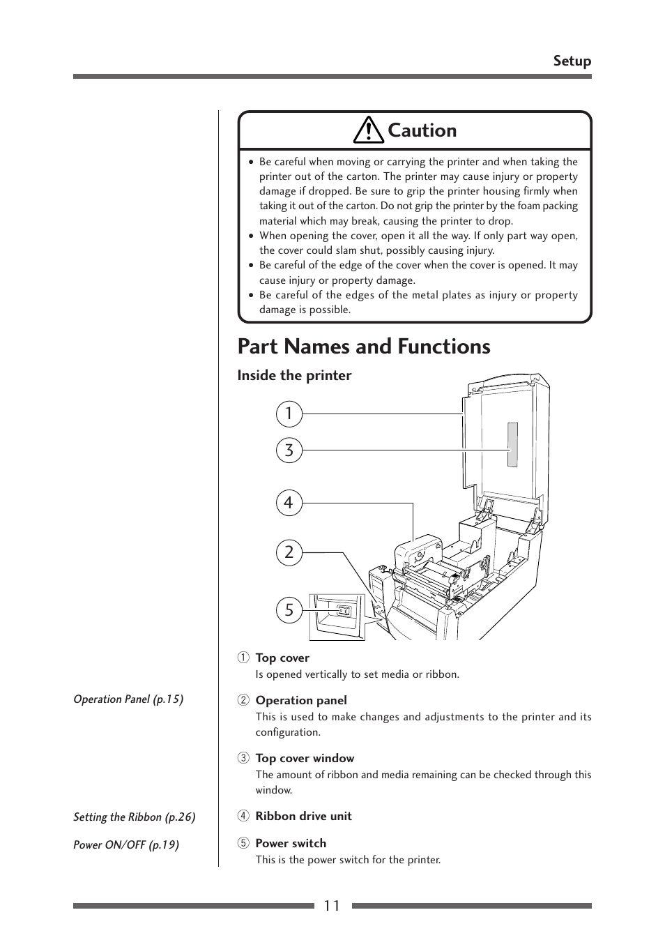 Part names and functions, Inside the printer, Caution | Citizen Systems Citizen CL-S700 User Manual | Page 11 / 70