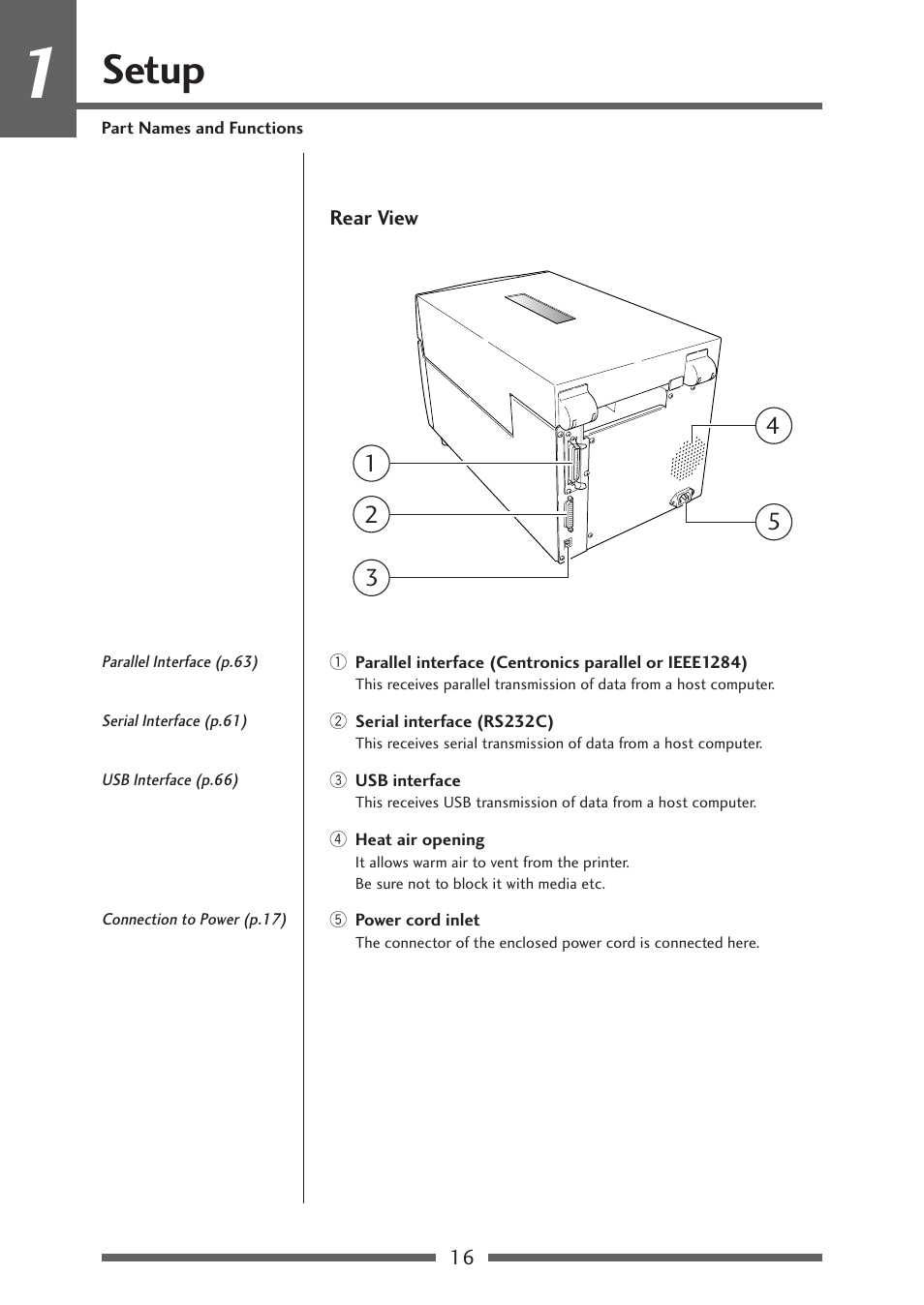 Rear view, Setup | Citizen Systems Citizen CL-S700 User Manual | Page 16 / 70