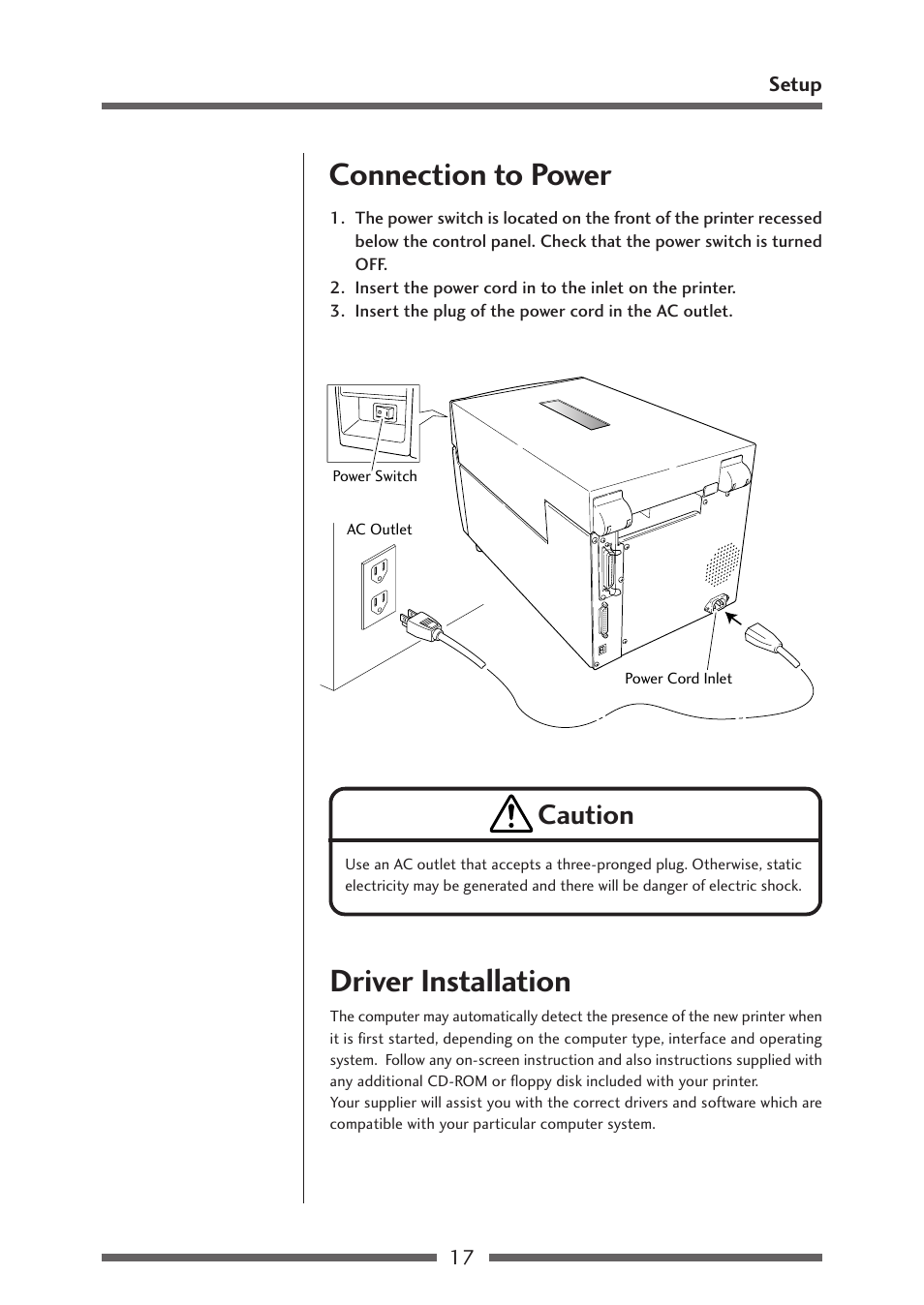 Connection to power, Driver installation, Connection to power driver installation | Connection to power (p.17), Caution | Citizen Systems Citizen CL-S700 User Manual | Page 17 / 70