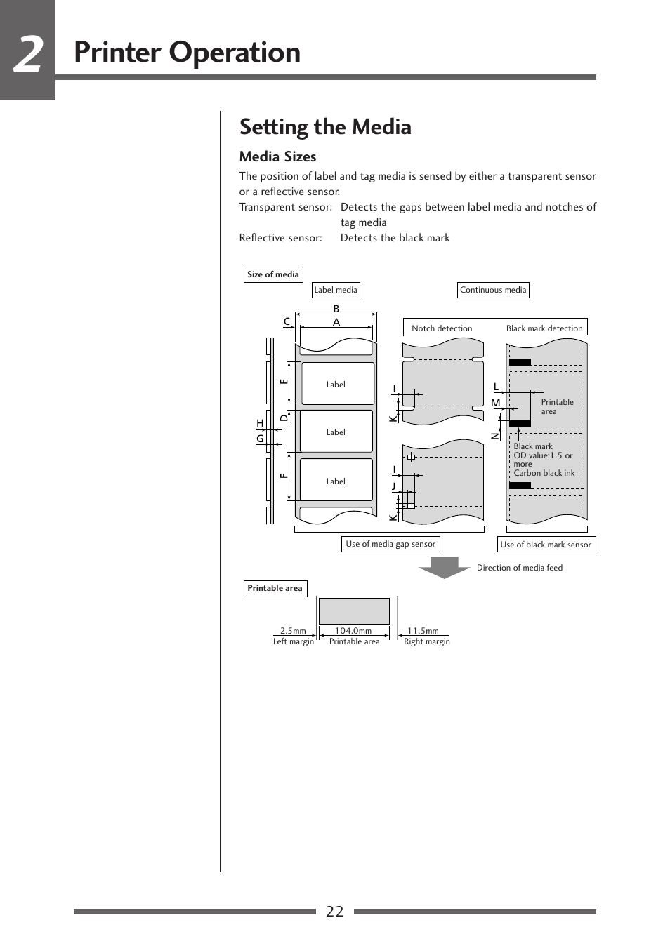 Setting the media, Media sizes, Printer operation | Citizen Systems Citizen CL-S700 User Manual | Page 22 / 70