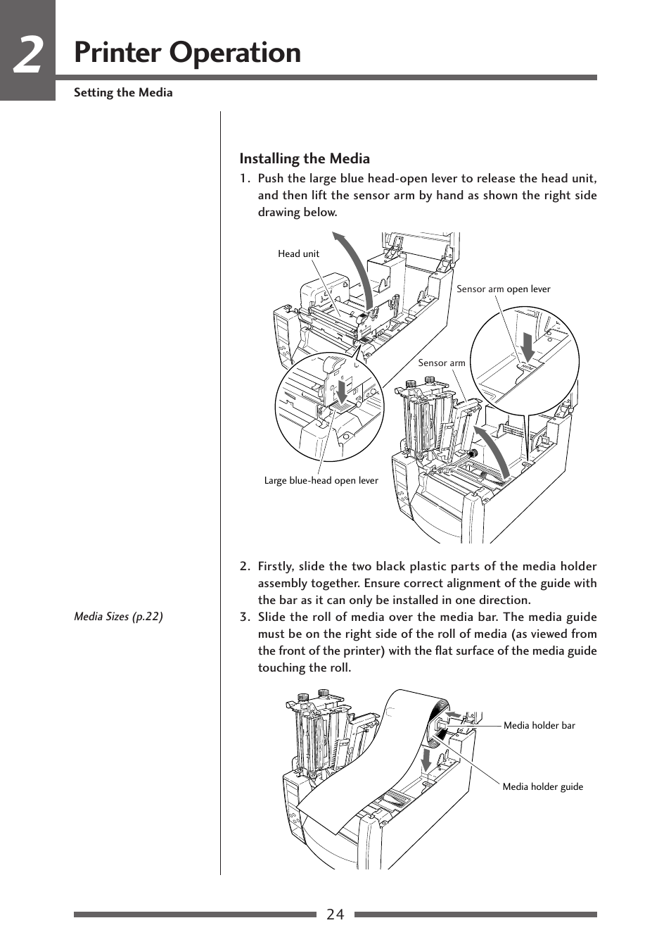 Installing the media, Printer operation | Citizen Systems Citizen CL-S700 User Manual | Page 24 / 70