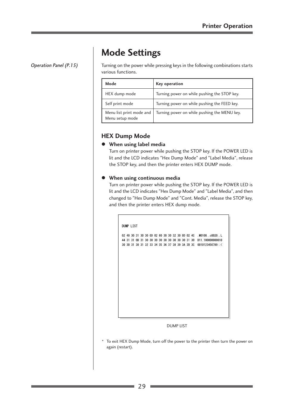 Mode settings, Hex dump mode, 29 printer operation | Citizen Systems Citizen CL-S700 User Manual | Page 29 / 70