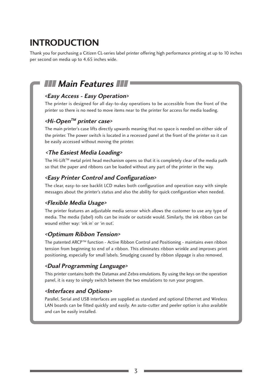 Before operation, Introduction, Main features | Citizen Systems Citizen CL-S700 User Manual | Page 3 / 70