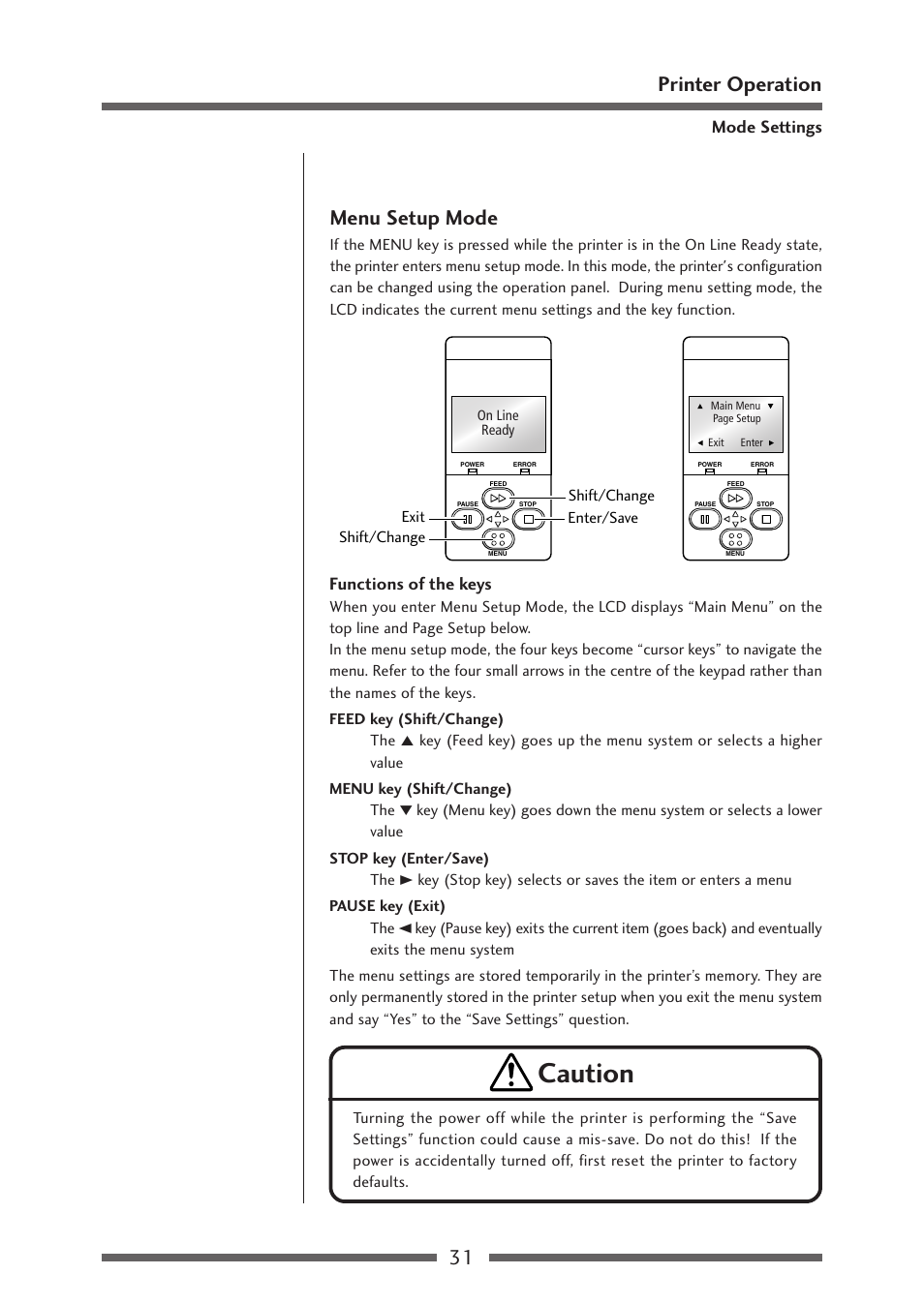 Menu setup mode, Caution, 31 printer operation menu setup mode | Functions of the keys, Mode settings | Citizen Systems Citizen CL-S700 User Manual | Page 31 / 70