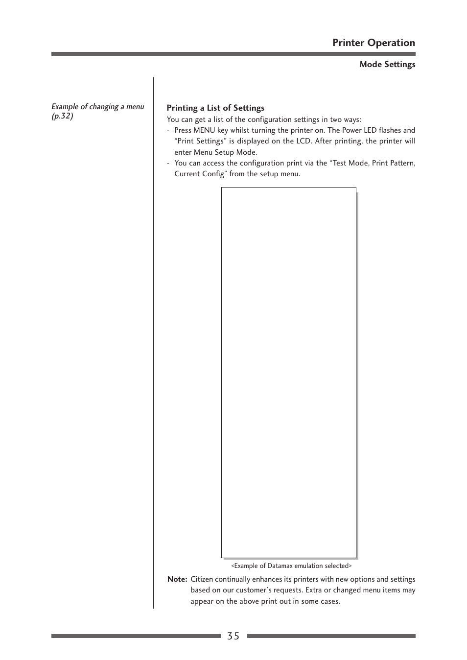 35 printer operation, Printing a list of settings, Mode settings | Example of changing a menu (p.32) | Citizen Systems Citizen CL-S700 User Manual | Page 35 / 70