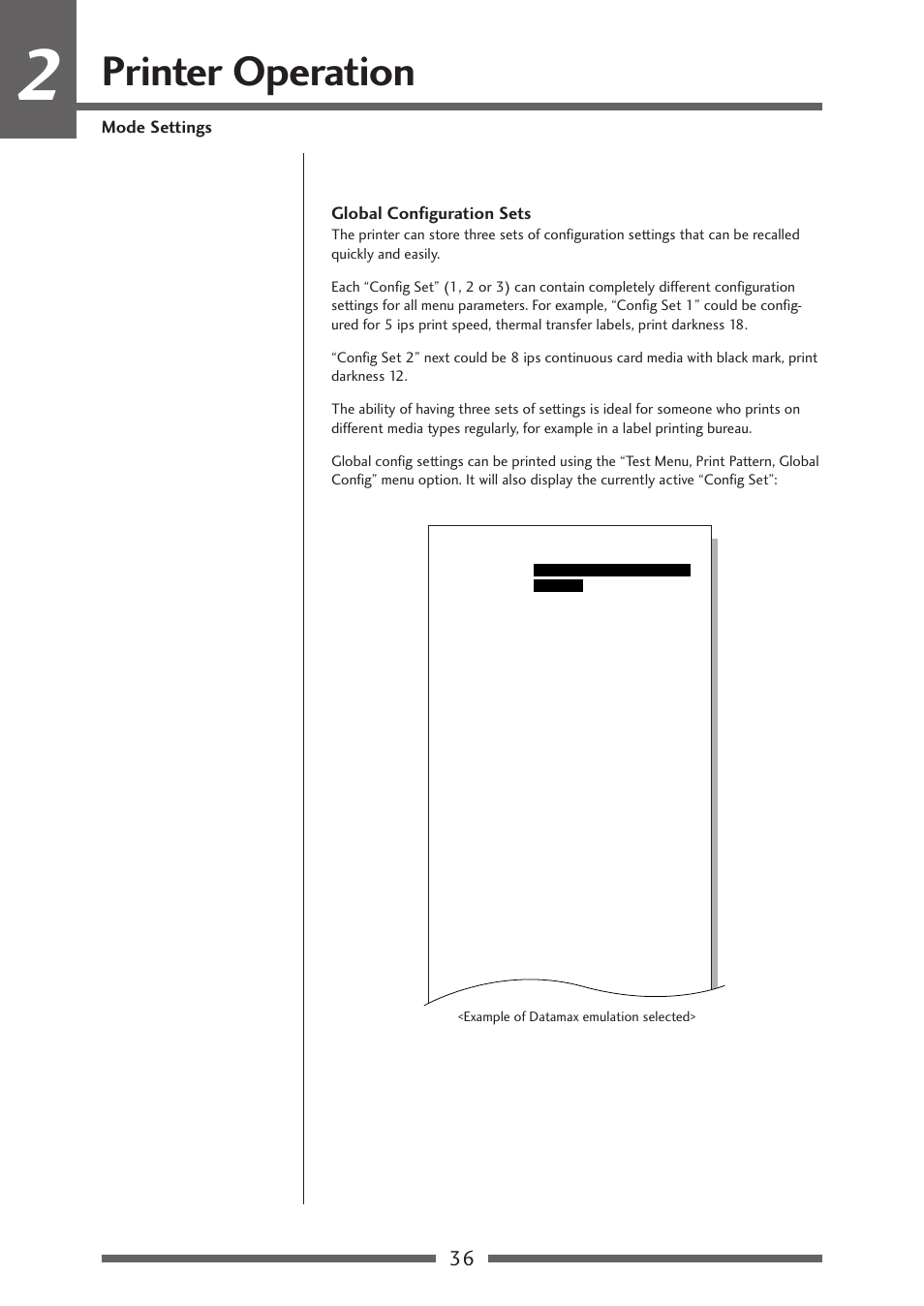 Printer operation, Mode settings global configuration sets | Citizen Systems Citizen CL-S700 User Manual | Page 36 / 70