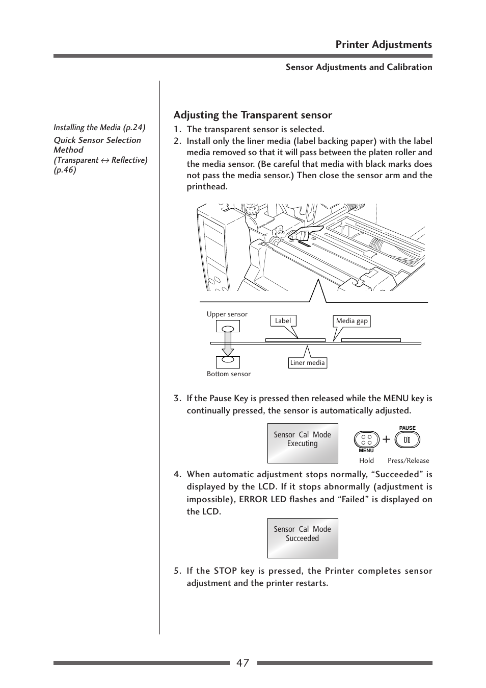 Adjusting the transparent sensor | Citizen Systems Citizen CL-S700 User Manual | Page 47 / 70