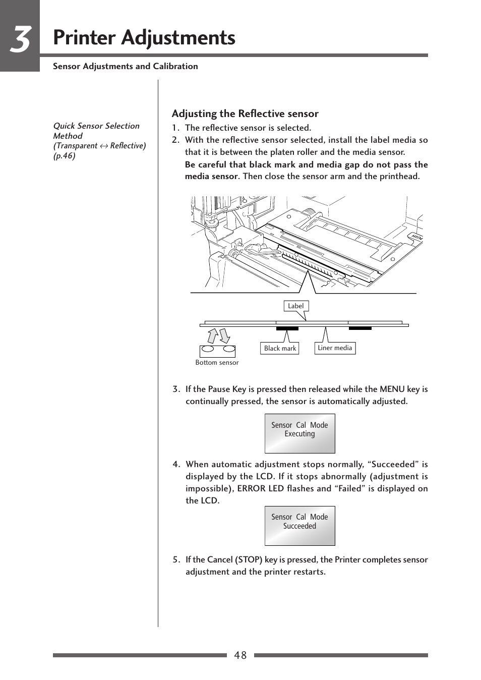 Adjusting the reflective sensor, Printer adjustments | Citizen Systems Citizen CL-S700 User Manual | Page 48 / 70