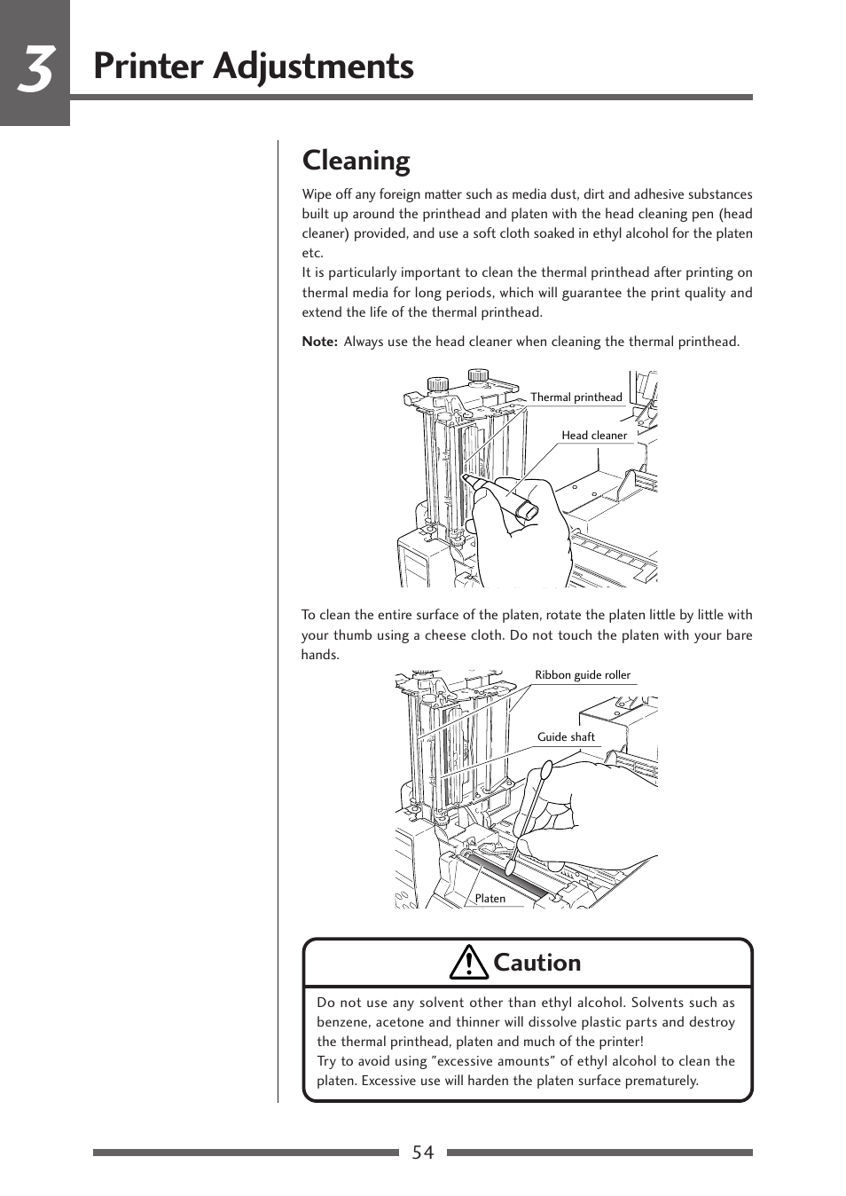 Cleaning, Printer adjustments, Caution | Citizen Systems Citizen CL-S700 User Manual | Page 54 / 70