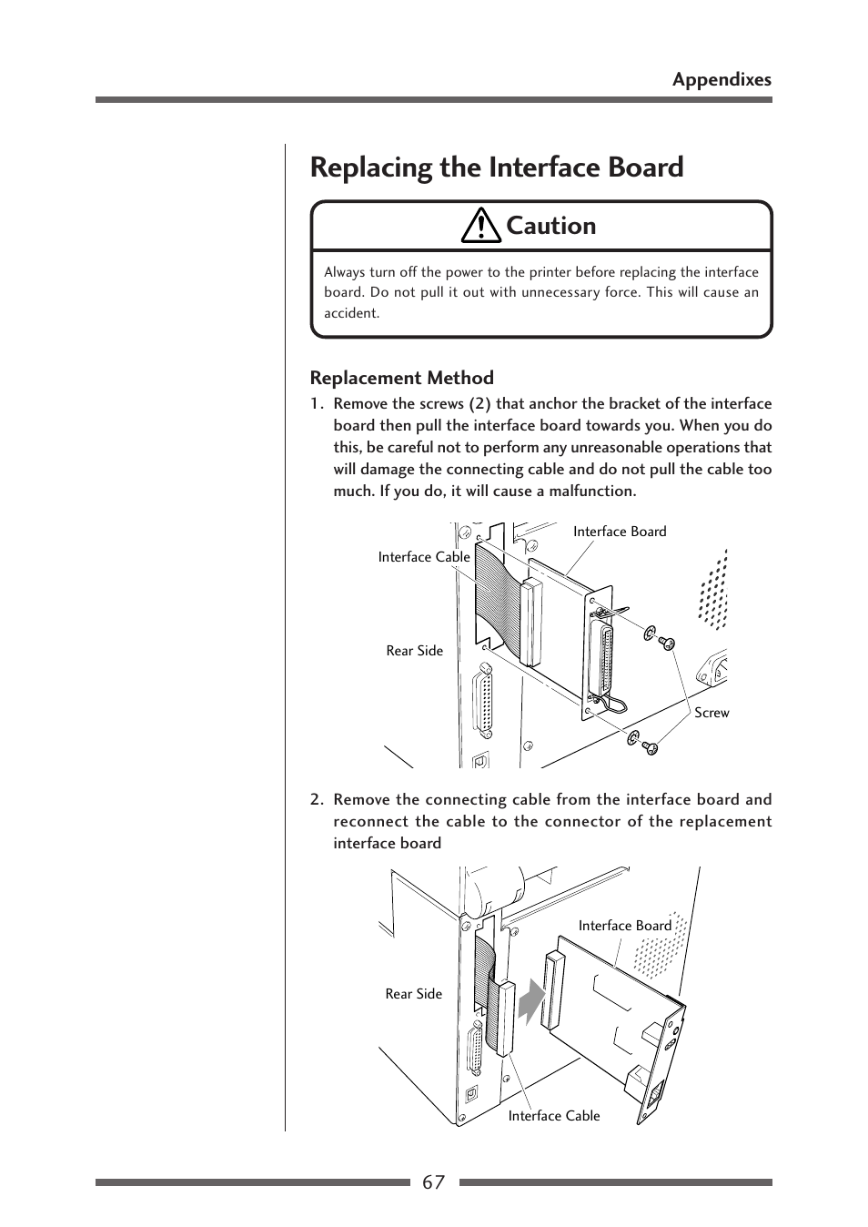 Replacing the interface board, Replacement method, Replacing the interface board (p.67) | Caution | Citizen Systems Citizen CL-S700 User Manual | Page 67 / 70