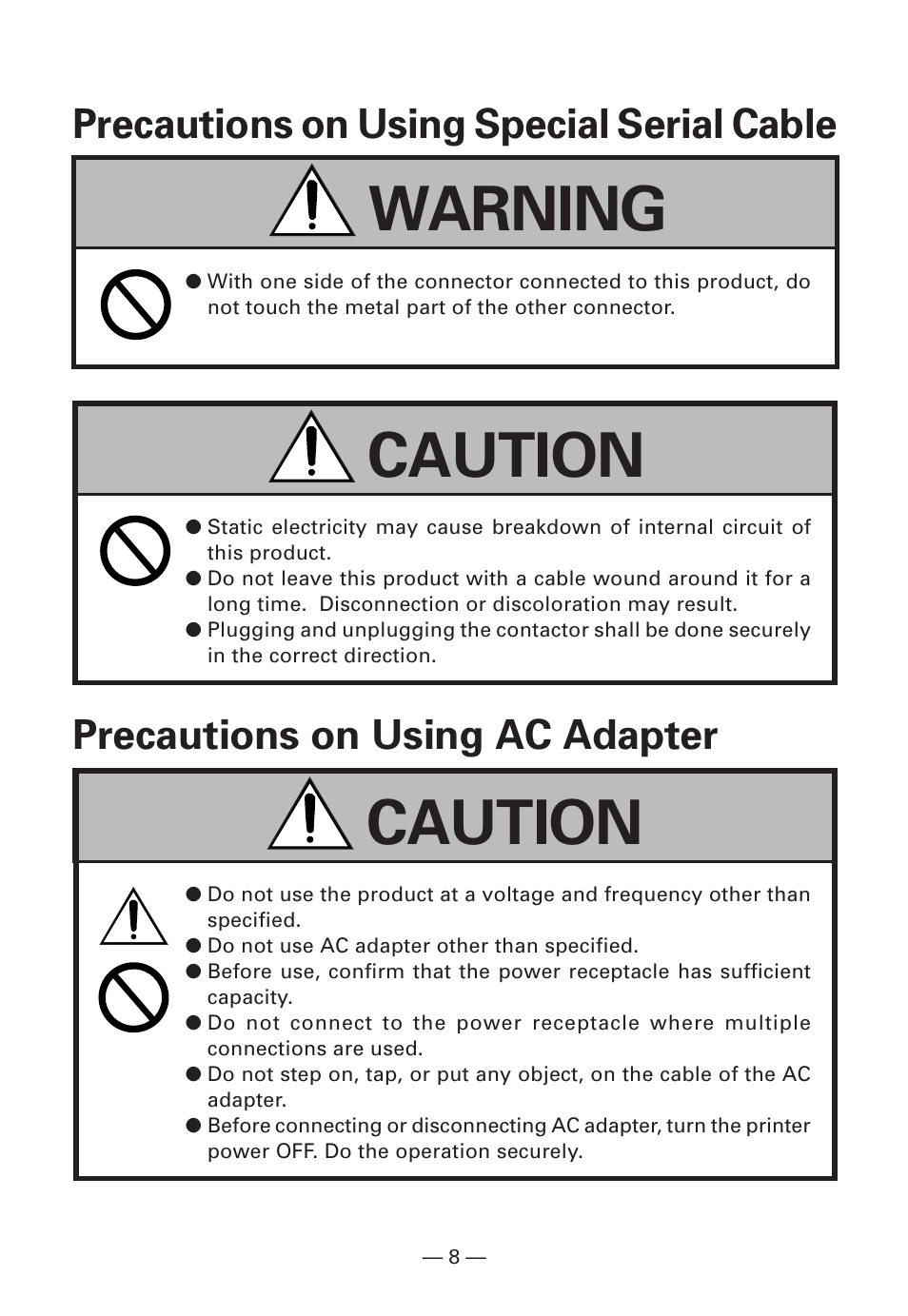 Precautions on using special serial cable, Precautions on using ac adapter, Warning caution caution | Citizen Systems Citizen CMP-10BT User Manual | Page 10 / 41