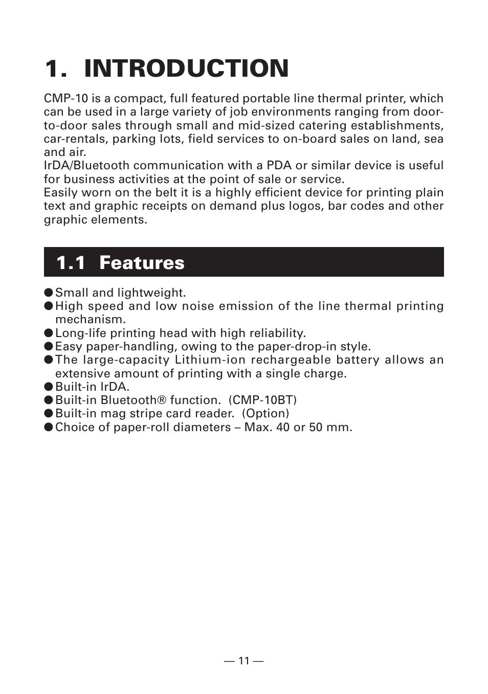 Introduction, 1 features | Citizen Systems Citizen CMP-10BT User Manual | Page 13 / 41