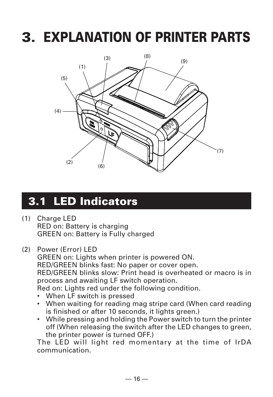 Explanation of printer parts, 1 led indicators | Citizen Systems Citizen CMP-10BT User Manual | Page 18 / 41