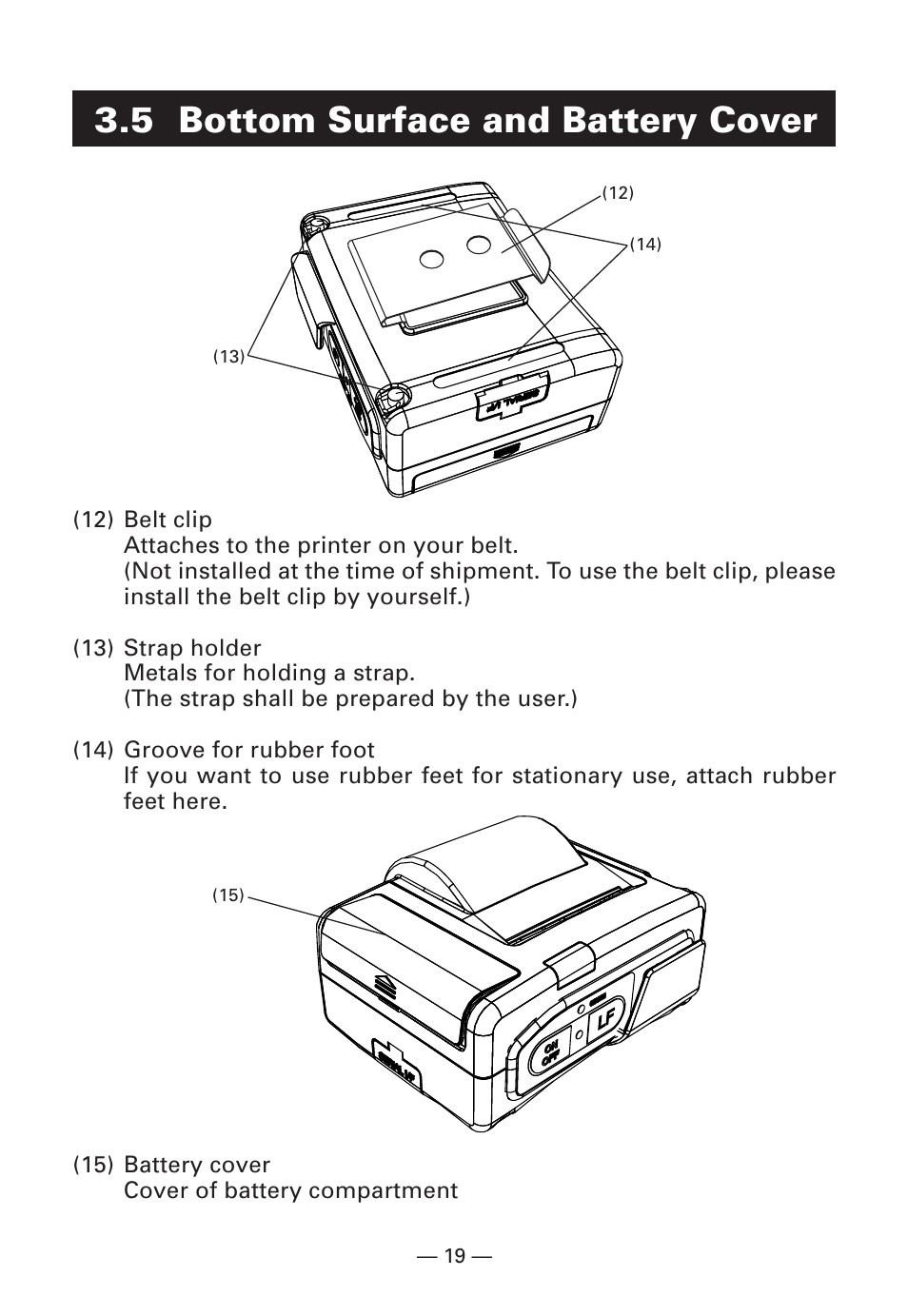 5 bottom surface and battery cover | Citizen Systems Citizen CMP-10BT User Manual | Page 21 / 41