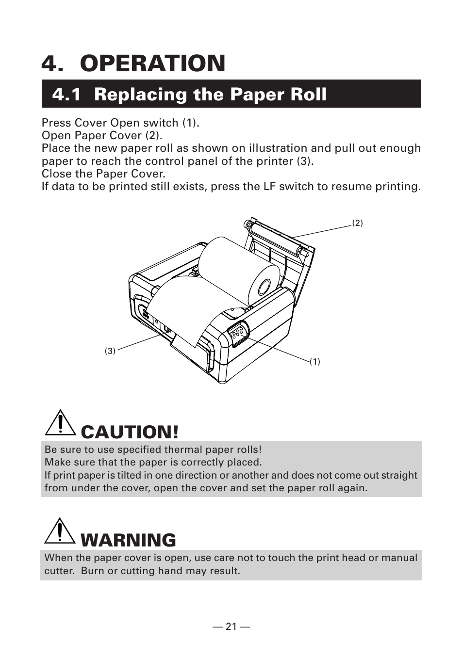 Operation, 1 replacing the paper roll, Caution | Warning | Citizen Systems Citizen CMP-10BT User Manual | Page 23 / 41