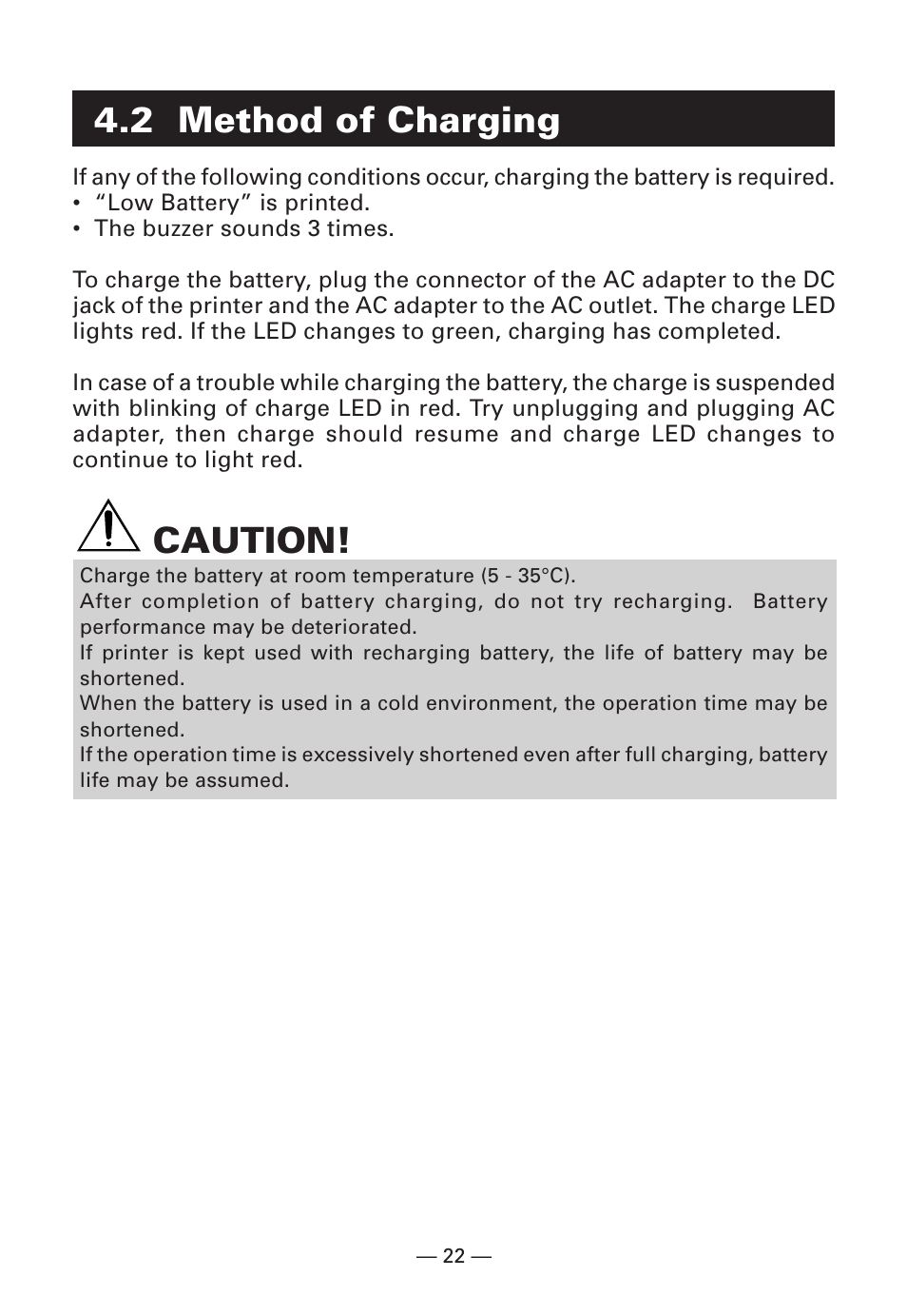 2 method of charging, Caution | Citizen Systems Citizen CMP-10BT User Manual | Page 24 / 41