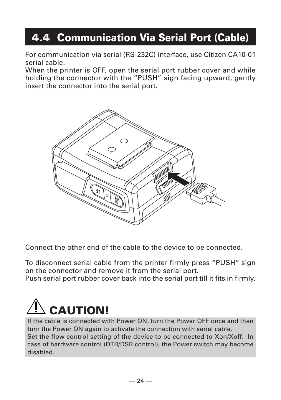 4 communication via serial port (cable), Caution | Citizen Systems Citizen CMP-10BT User Manual | Page 26 / 41