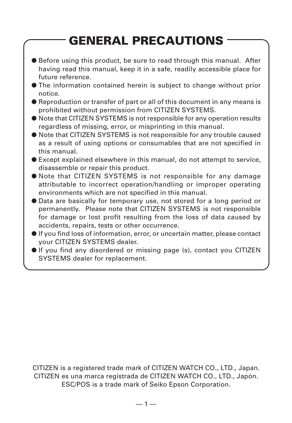 General precautions | Citizen Systems Citizen CMP-10BT User Manual | Page 3 / 41