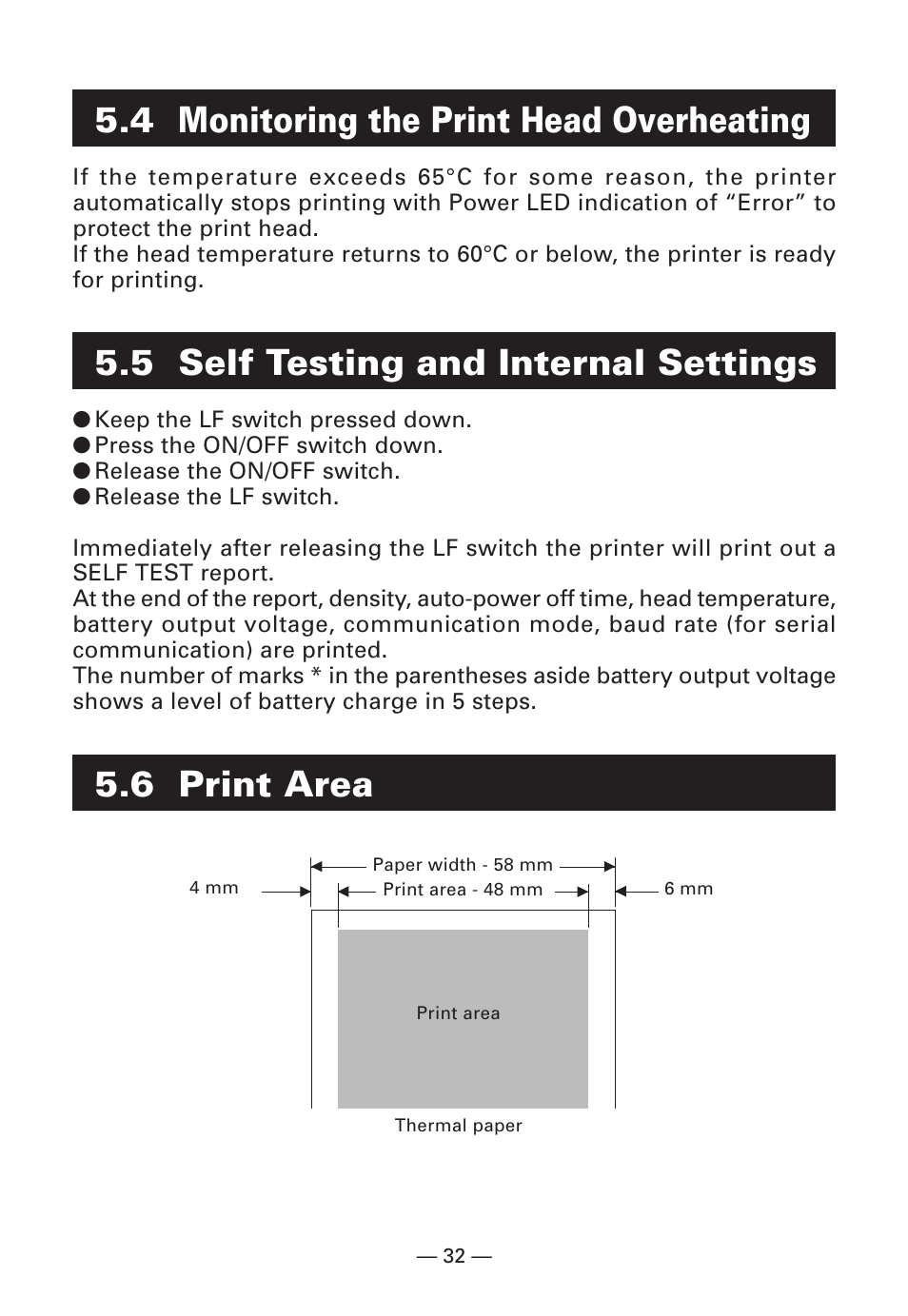 4 monitoring the print head overheating, 5 self testing and internal settings, 6 print area | Citizen Systems Citizen CMP-10BT User Manual | Page 34 / 41