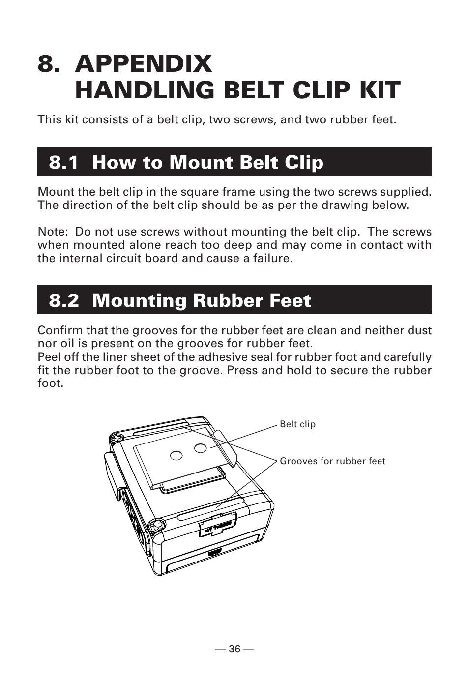 Appendix handling belt clip kit, 1 how to mount belt clip, 2 mounting rubber feet | Citizen Systems Citizen CMP-10BT User Manual | Page 38 / 41