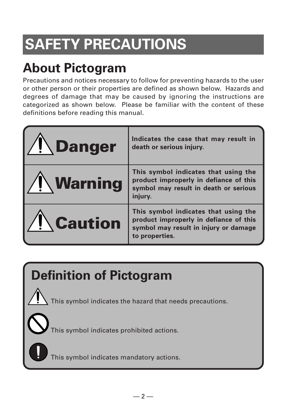 Safety precautions, About pictogram, Danger | Warning caution, Definition of pictogram | Citizen Systems Citizen CMP-10BT User Manual | Page 4 / 41