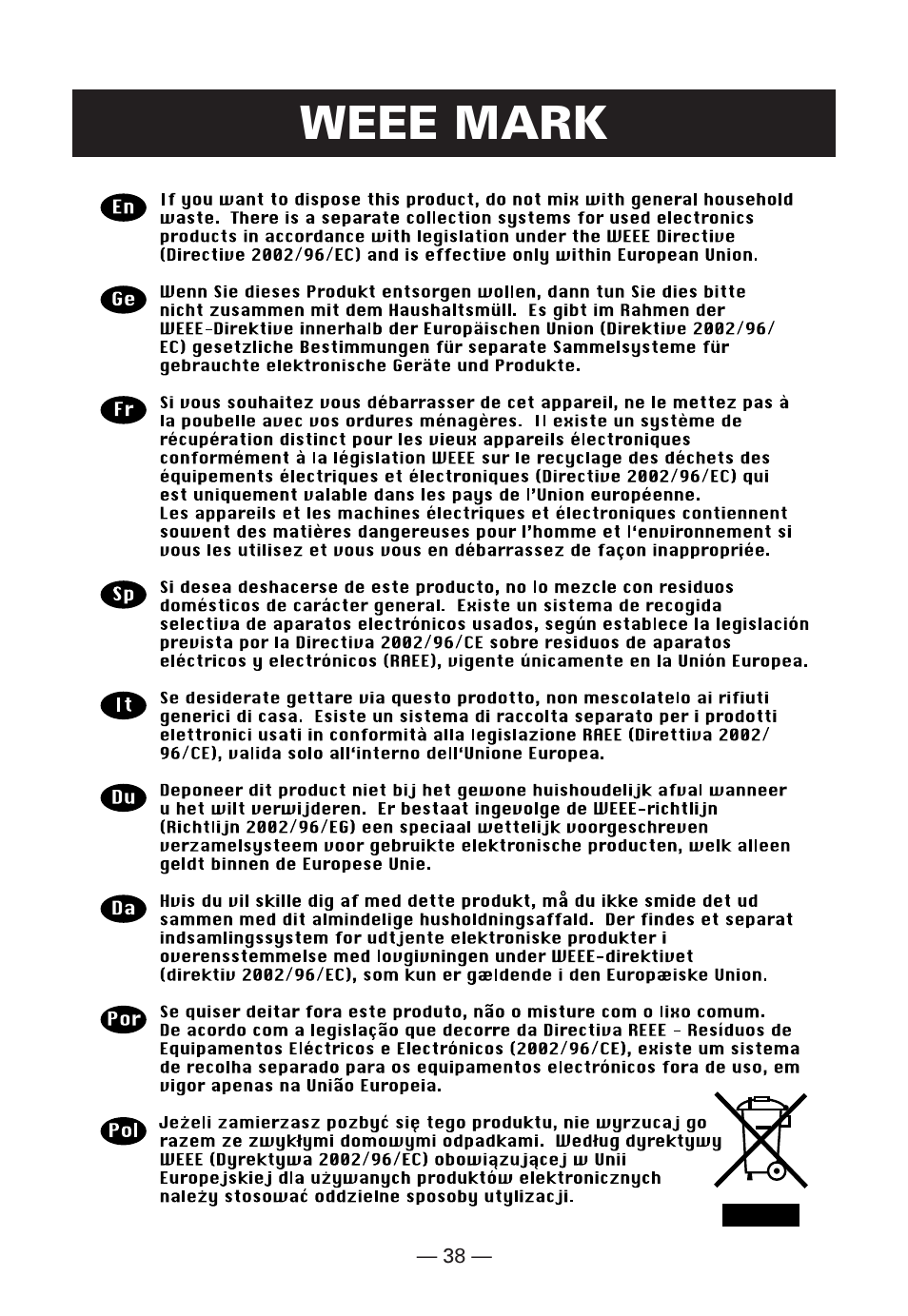 Weee mark | Citizen Systems Citizen CMP-10BT User Manual | Page 40 / 41