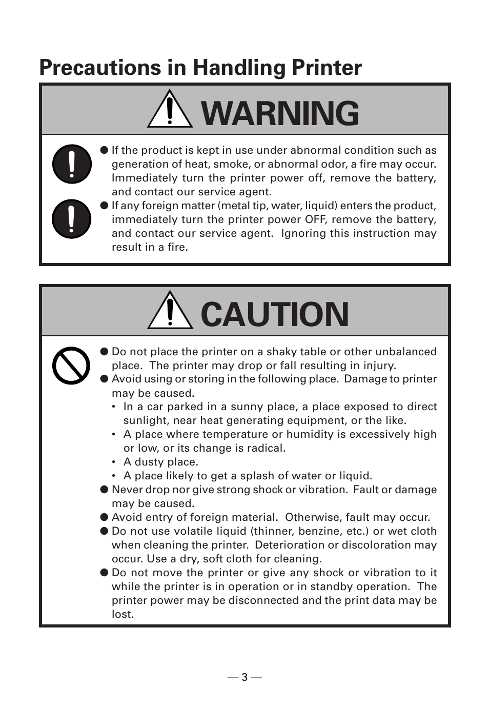 Precautions in handling printer, Warning, Caution | Citizen Systems Citizen CMP-10BT User Manual | Page 5 / 41