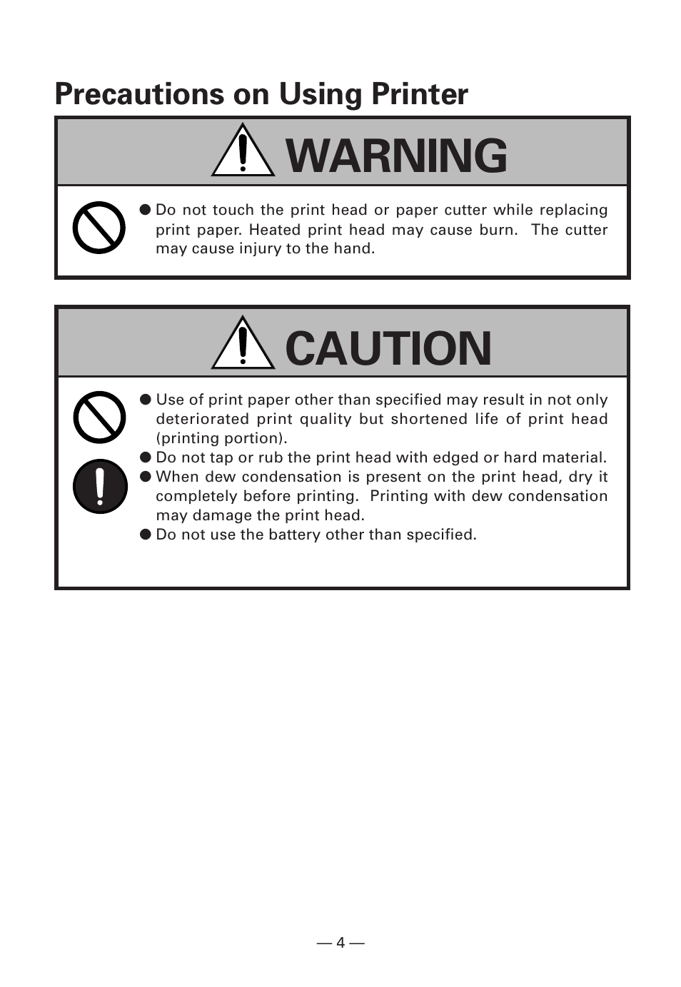Precautions on using printer, Caution warning | Citizen Systems Citizen CMP-10BT User Manual | Page 6 / 41