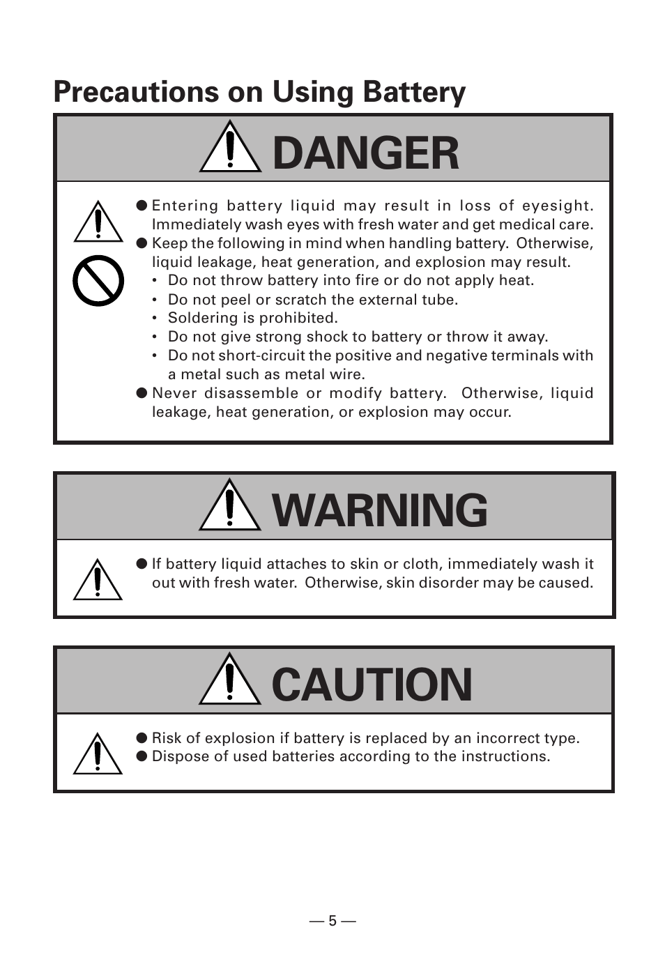 Precautions on using battery, Warning danger, Caution | Citizen Systems Citizen CMP-10BT User Manual | Page 7 / 41