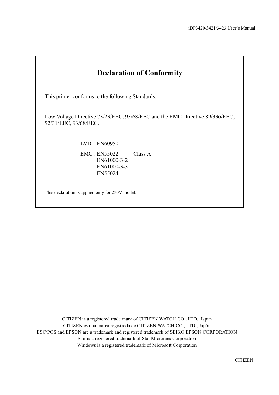 Declaration of conformity | Citizen Systems iDP3420 User Manual | Page 3 / 174